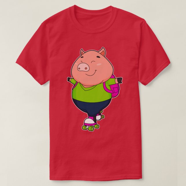 Pig at Inline skating with Roller skates T-Shirt (Design Front)