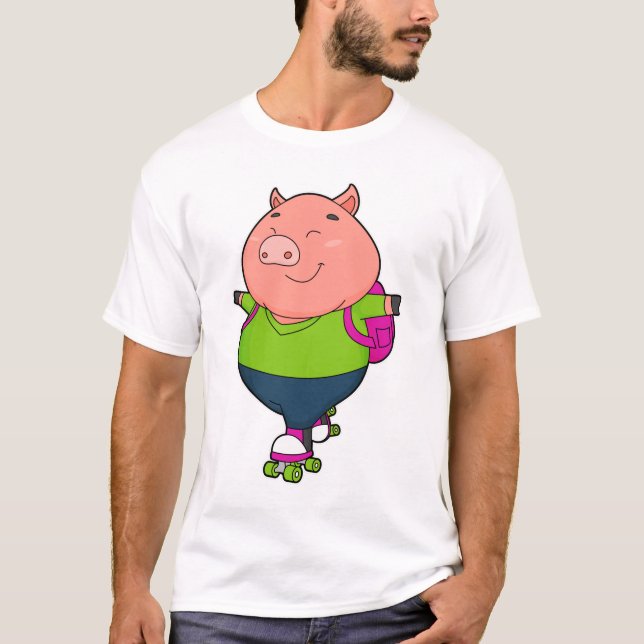 Pig at Inline skating with Roller skates T-Shirt (Front)