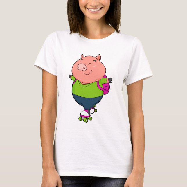 Pig at Inline skating with Roller skates T-Shirt (Front)