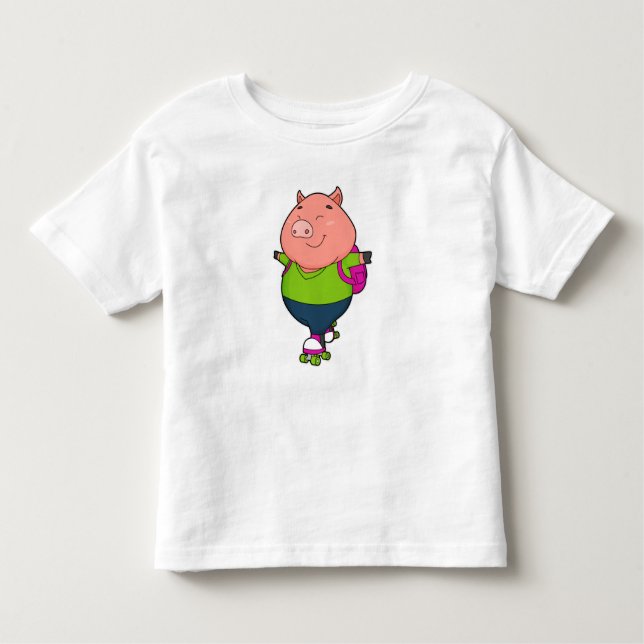 Pig at Inline skating with Roller skates Toddler T-shirt (Front)