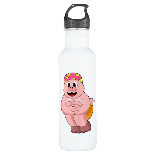 Pig at Jumping into Water Stainless Steel Water Bottle (Front)