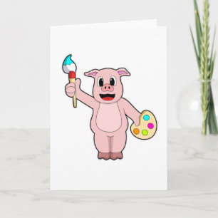 Pig at Painting with Brush & Color Card