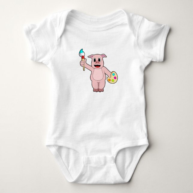 Pig at Painting with Brush & Colour Baby Bodysuit (Front)