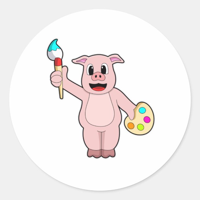 Pig at Painting with Brush & Colour Classic Round Sticker (Front)