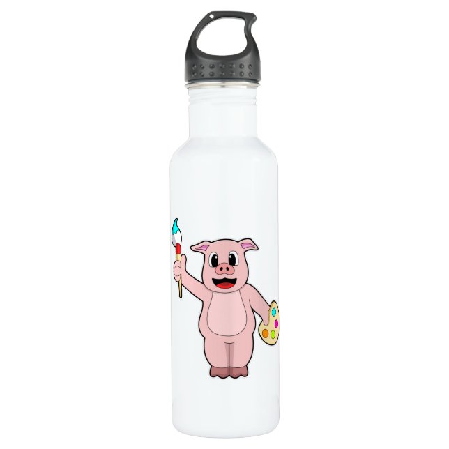 Pig at Painting with Brush & Colour Stainless Steel Water Bottle (Front)