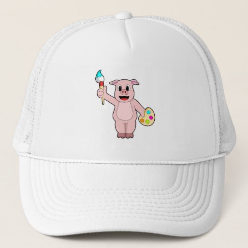 Pig at Painting with Brush  Colour Trucker Hat