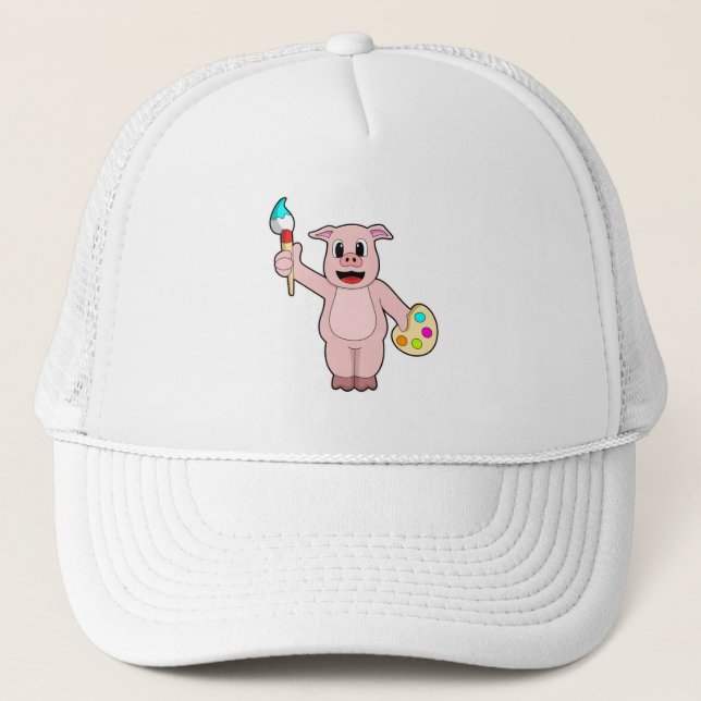 Pig at Painting with Brush & Colour Trucker Hat (Front)