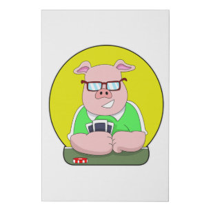 Pig at Poker with Cards Faux Canvas Print