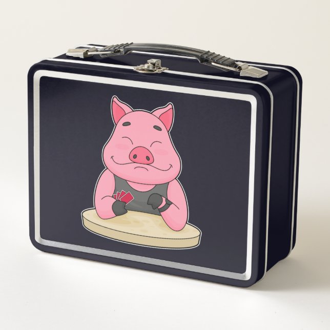 Pig at Poker with Poker cards Metal Lunch Box (Front)