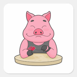 Pig at Poker with Poker cards Square Sticker