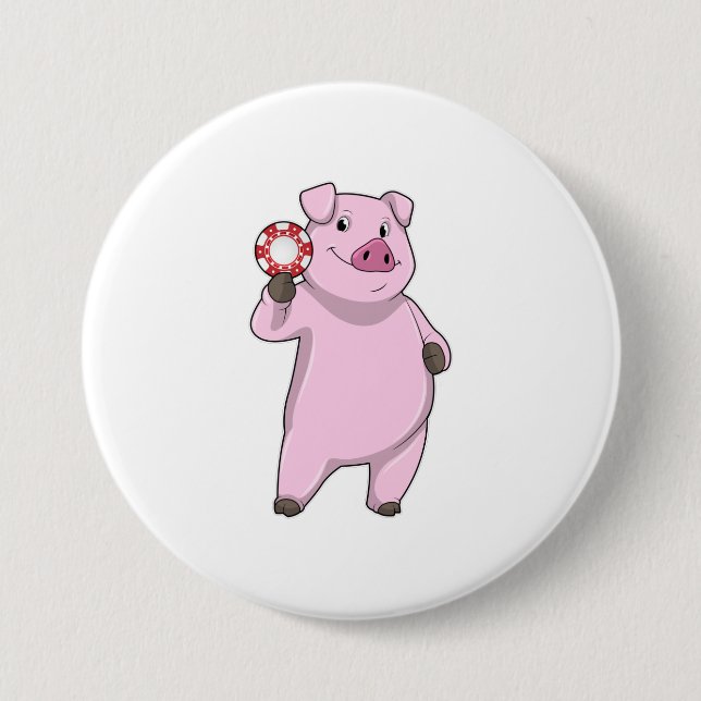 Pig at Poker with Poker chips Button (Front)