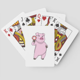 Pig at Poker with Poker chips Cards