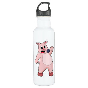 Pig at Singing with Microphone Stainless Steel Water Bottle