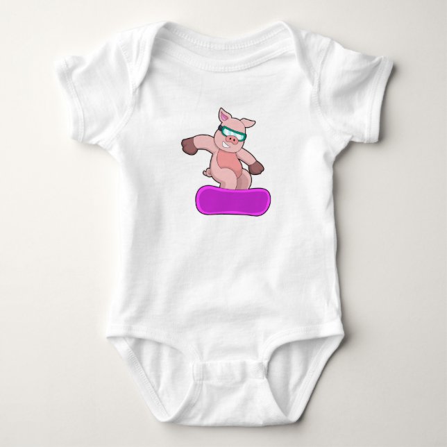 Pig at Snowboard Sports & Ski goggles Baby Bodysuit (Front)