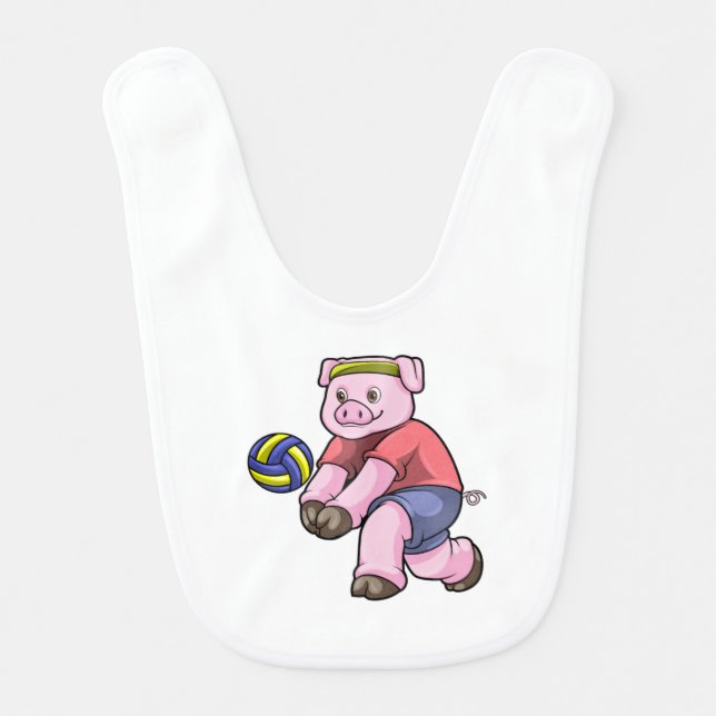 Pig at Sports with Volleyball Baby Bib (Front)
