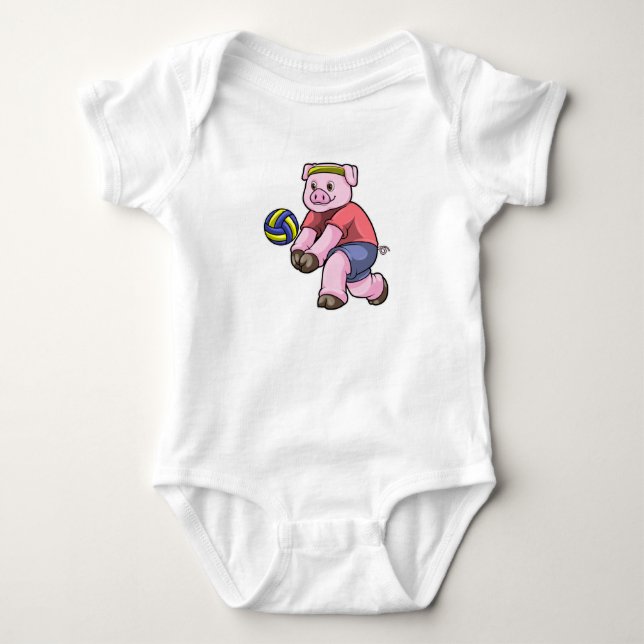 Pig at Sports with Volleyball Baby Bodysuit (Front)