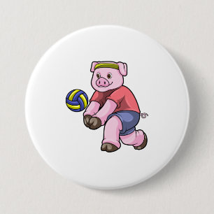 Pig at Sports with Volleyball Button