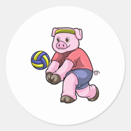 Pig at Sports with Volleyball Classic Round Sticker