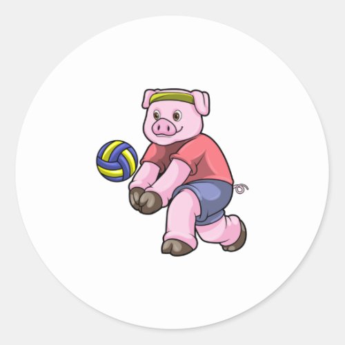 Pig at Sports with Volleyball Classic Round Sticker