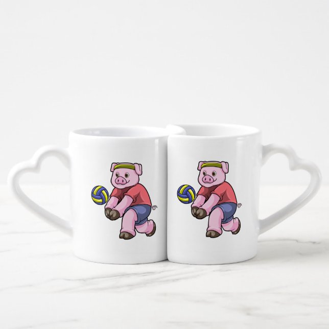 Pig at Sports with Volleyball Coffee Mug Set (Front Nesting)