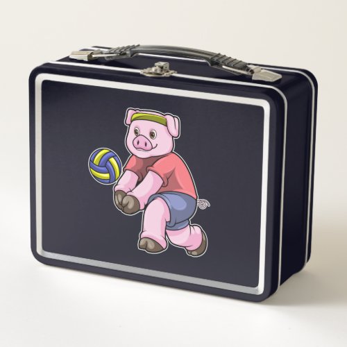 Pig at Sports with Volleyball Metal Lunch Box