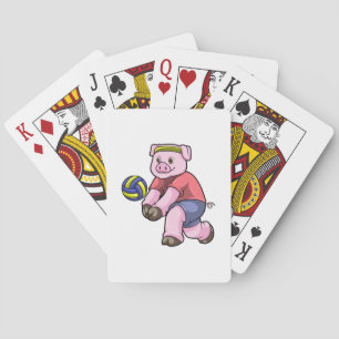 Pig at Sports with Volleyball Poker Cards