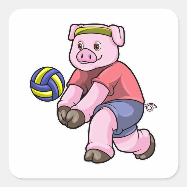 Pig at Sports with Volleyball Square Sticker (Front)