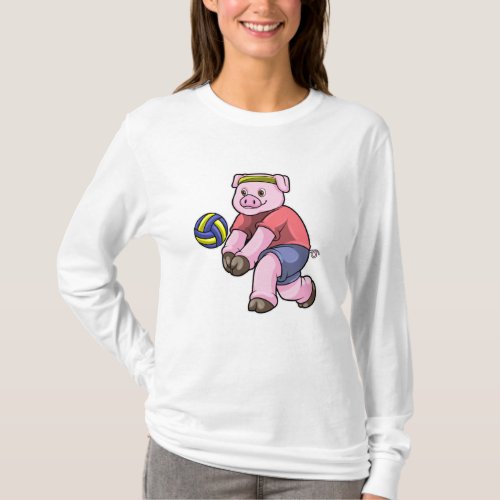 Pig at Sports with Volleyball T_Shirt