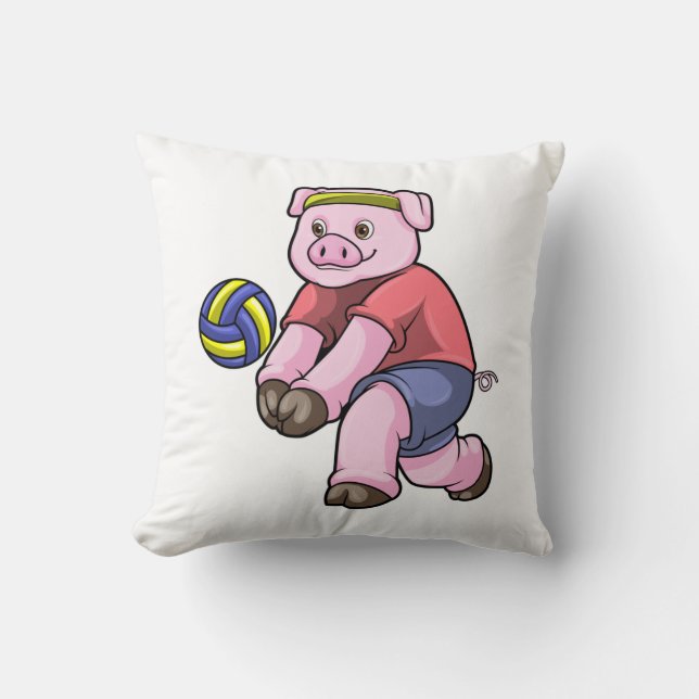 Pig at Sports with Volleyball Throw Pillow (Front)