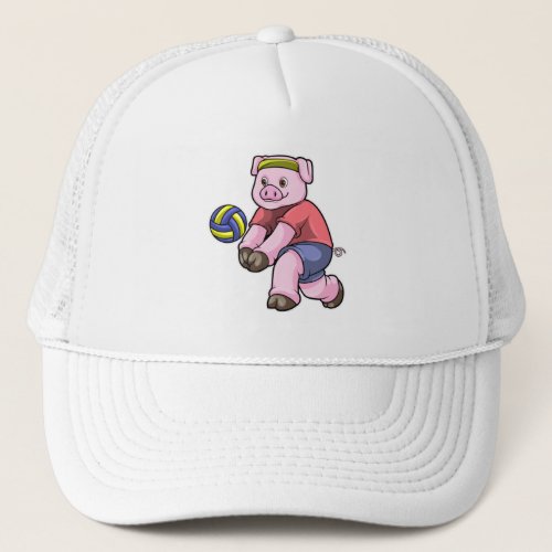 Pig at Sports with Volleyball Trucker Hat