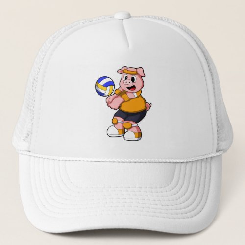 Pig at Sports with Volleyball Trucker Hat