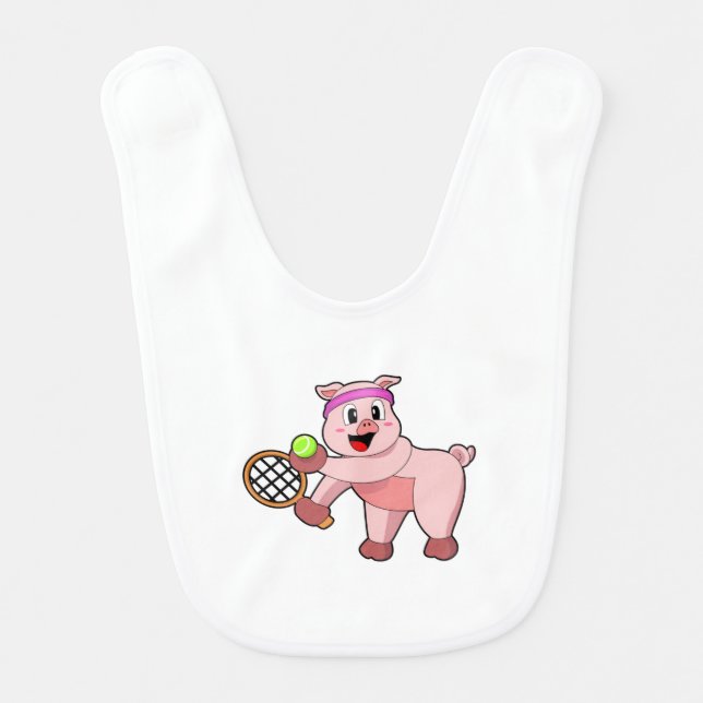Pig at Tennis with Tennis racket Baby Bib (Front)