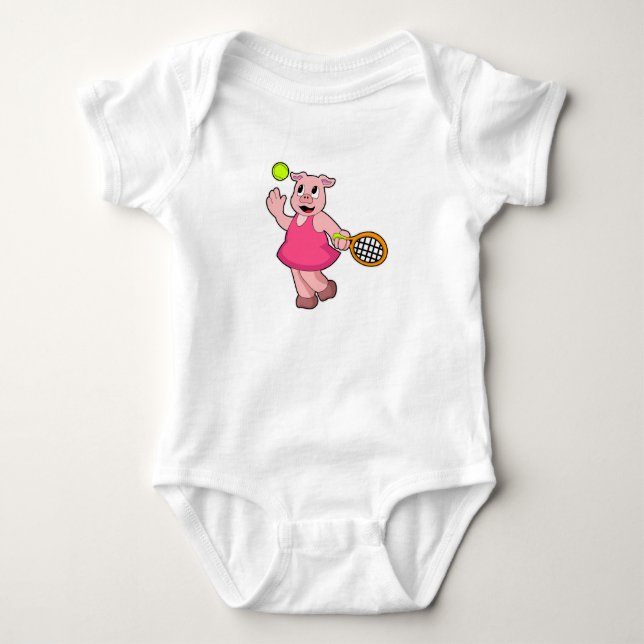 Pig at Tennis with Tennis racket Baby Bodysuit (Front)