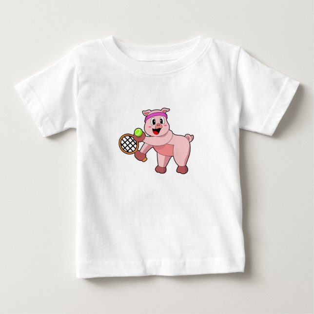 Pig at Tennis with Tennis racket Baby T-Shirt (Front)