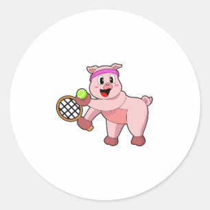 Pig at Tennis with Tennis racket Classic Round Sticker