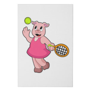 Pig at Tennis with Tennis racket Faux Canvas Print