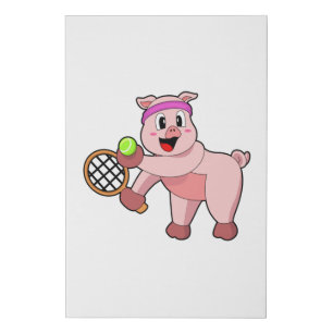 Pig at Tennis with Tennis racket Faux Canvas Print