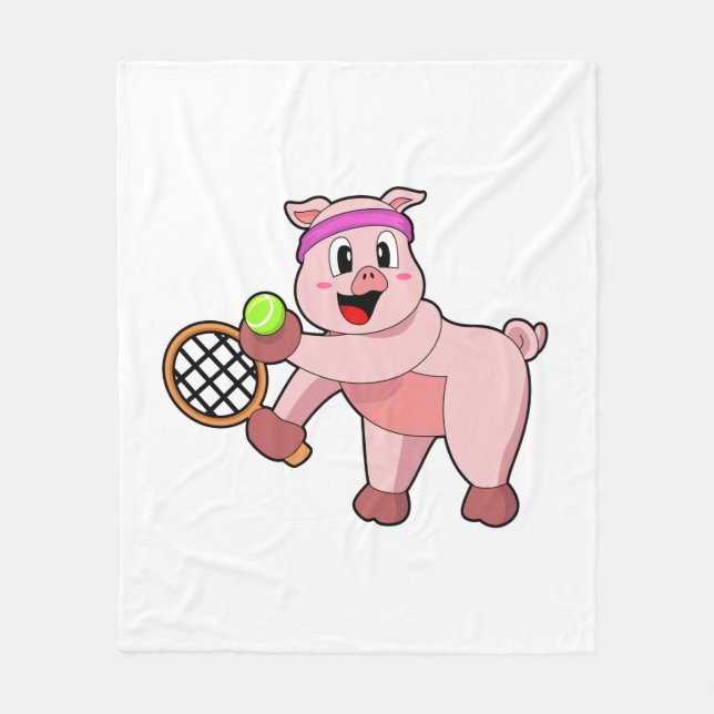 Pig at Tennis with Tennis racket Fleece Blanket (Front)