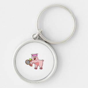 Pig at Tennis with Tennis racket Keychain
