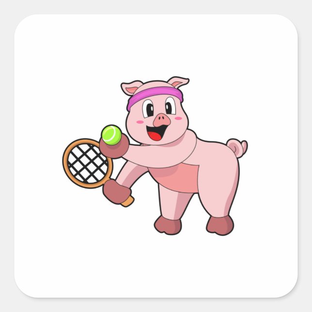 Pig at Tennis with Tennis racket Square Sticker (Front)