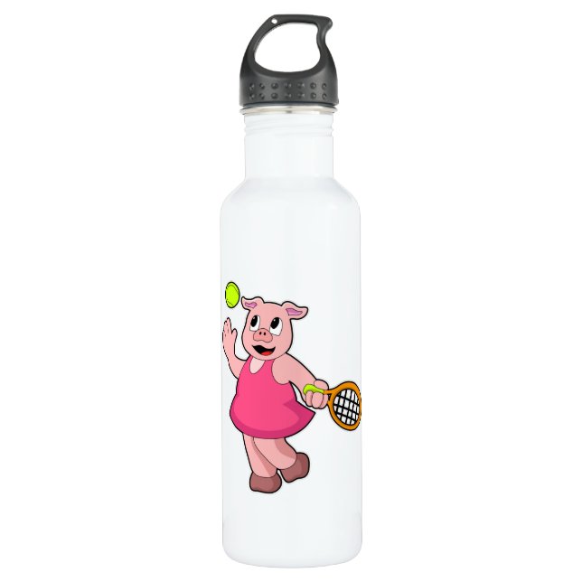 Pig at Tennis with Tennis racket Stainless Steel Water Bottle (Front)