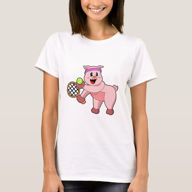 Pig at Tennis with Tennis racket T-Shirt (Front)