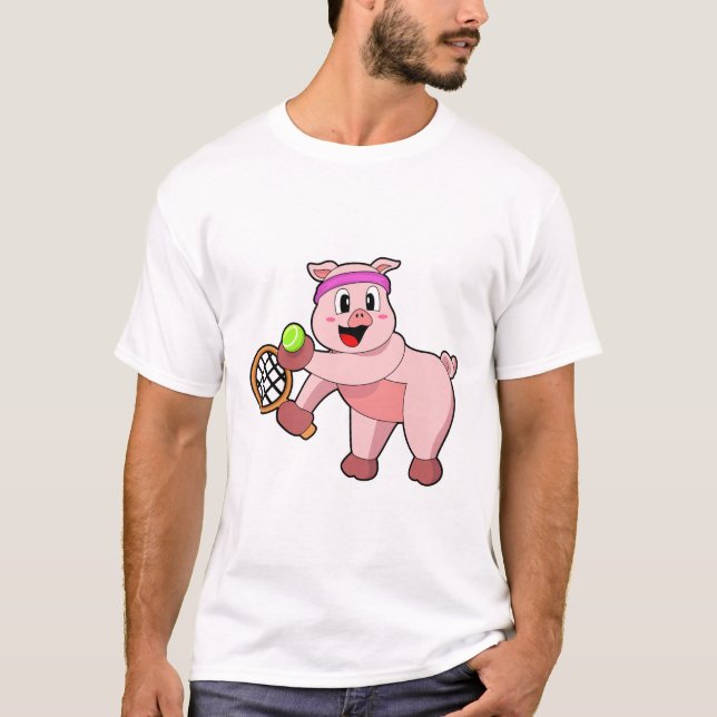 Pig at Tennis with Tennis racket T-Shirt (Front)