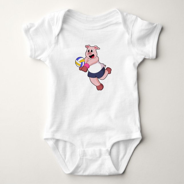 Pig at Volleyball Sports Baby Bodysuit (Front)