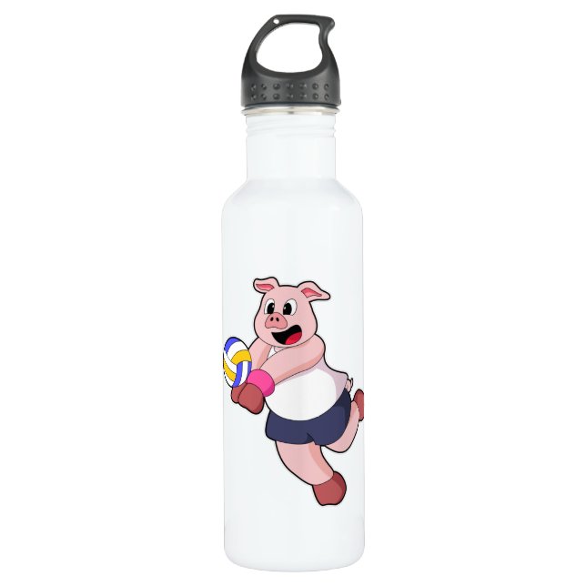 Pig at Volleyball Sports Stainless Steel Water Bottle (Front)
