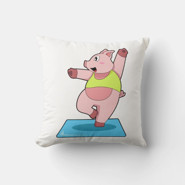 Pig at Yoga Fitness Throw Pillow (Front)