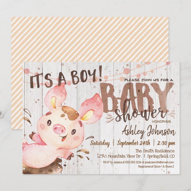 Pig Baby Shower invitation, Boy, Farm Invitation (Front/Back)