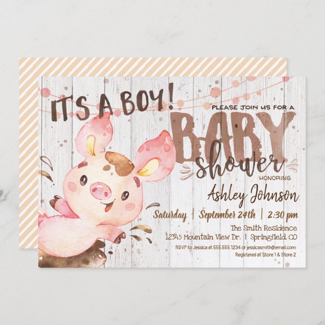 Pig Baby Shower invitation, Boy, Farm Invitation (Front/Back)