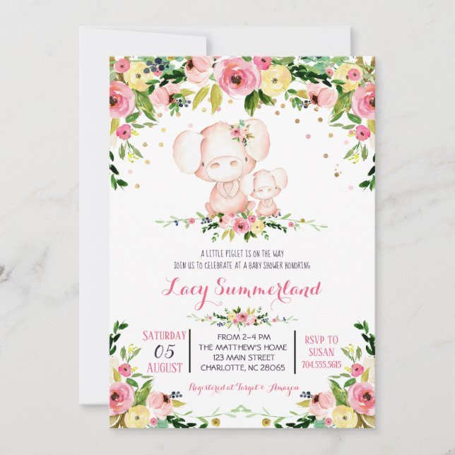 Pig baby shower invitation, piglet invitation (Front)
