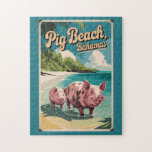 Pig Beach Bahamas Travel Art Vintage Jigsaw Puzzle<br><div class="desc">Pig Beach retro vector travel design. Pig Beach,  located in the Exuma Cays of The Bahamas,  is famous for its adorable swimming pigs,  crystal-clear waters,  and stunning white sand beaches</div>
